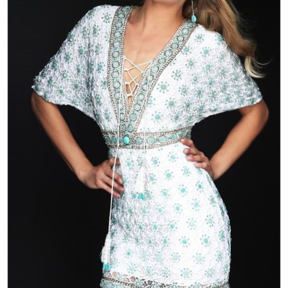 Sherri Hill Dresses & Skirts - Sherri Hill White/ Turquoise Beaded Dress